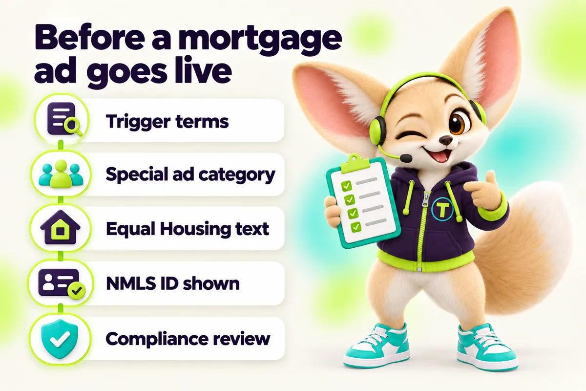 Infographic with Tenzo the fennec fox: Before a mortgage ad goes live — Trigger terms, Special ad category, Equal Housing text, NMLS ID shown, Compliance review