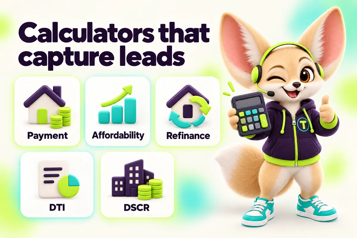 Infographic with Tenzo the fennec fox: Calculators that capture leads — Payment, Affordability, Refinance, DTI, DSCR