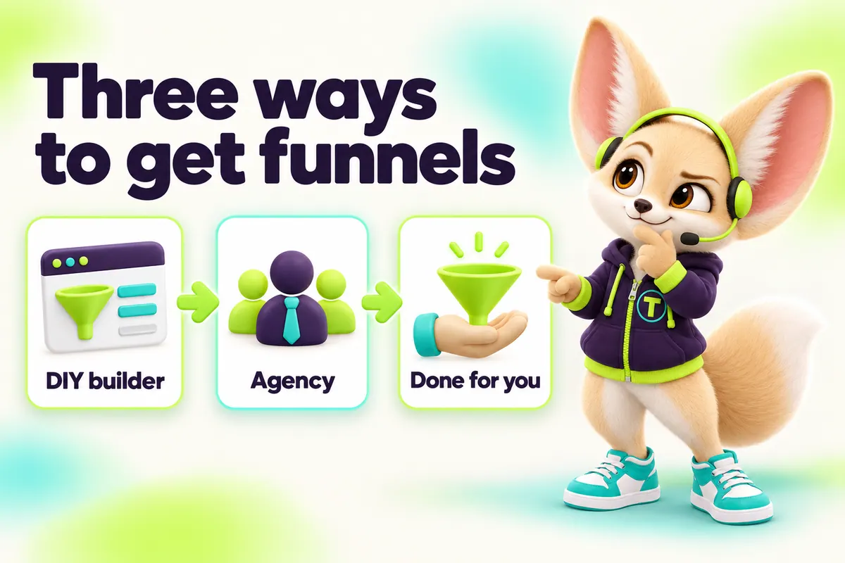 Infographic with Tenzo the fennec fox: Three ways to get funnels — DIY builder, Agency, Done for you