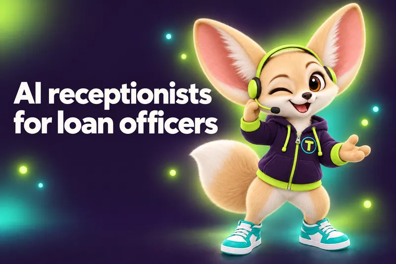 Blog cover: Tenzo the fennec fox answering a call on a headset — AI receptionists for loan officers
