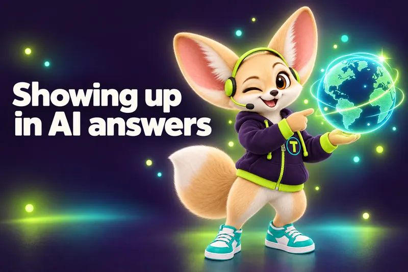 Blog cover: Tenzo the fennec fox pointing at a glowing globe — Showing up in AI answers