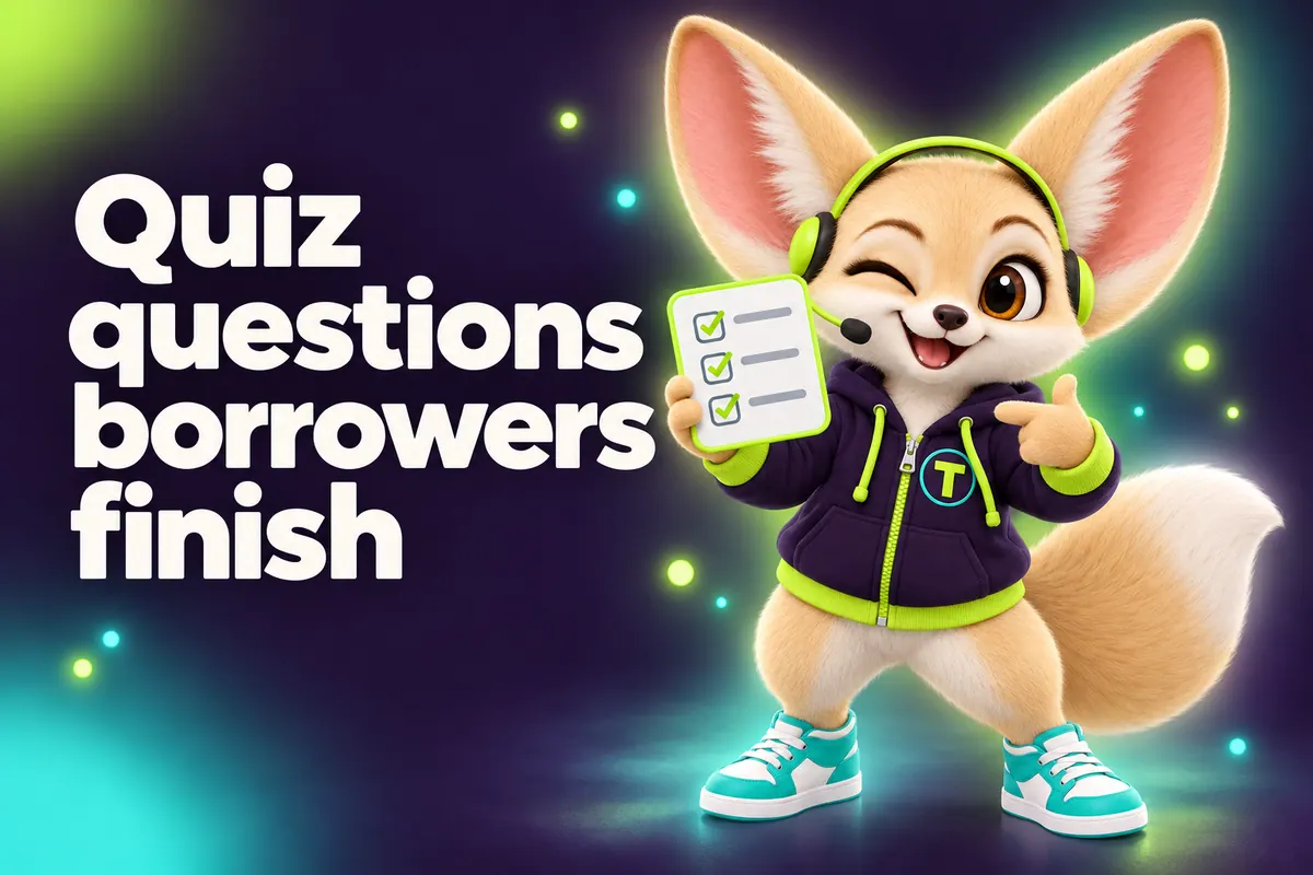 Blog cover: Tenzo the fennec fox holding a quiz card — Quiz questions borrowers finish