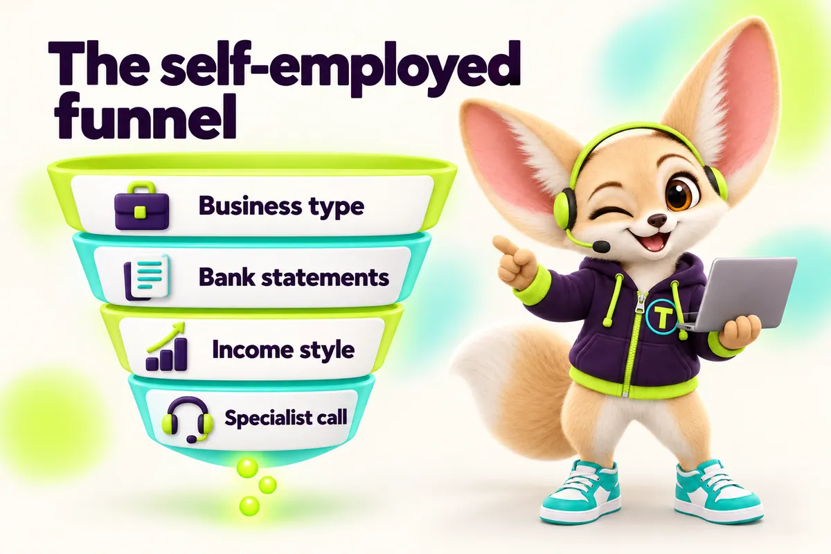 Infographic with Tenzo the fennec fox: The self-employed funnel — Business type, Bank statements, Income style, Specialist call