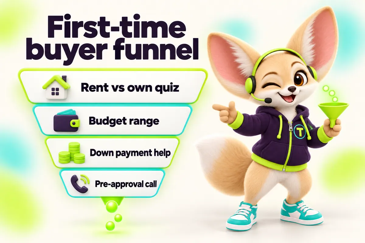 Infographic with Tenzo the fennec fox: First-time buyer funnel — Rent vs own quiz, Budget range, Down payment help, Pre-approval call
