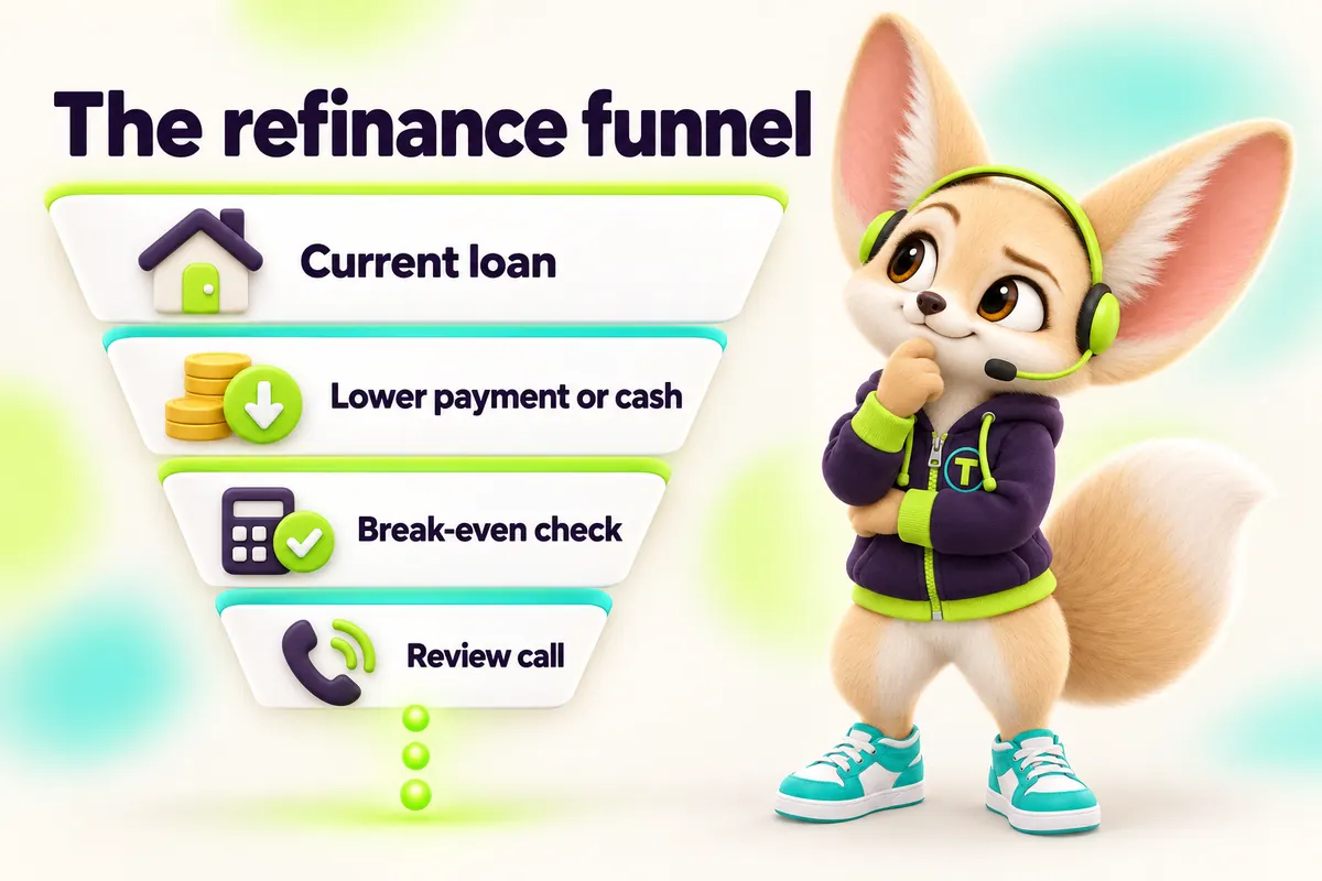 Infographic with Tenzo the fennec fox: The refinance funnel — Current loan, Lower payment or cash, Break-even check, Review call