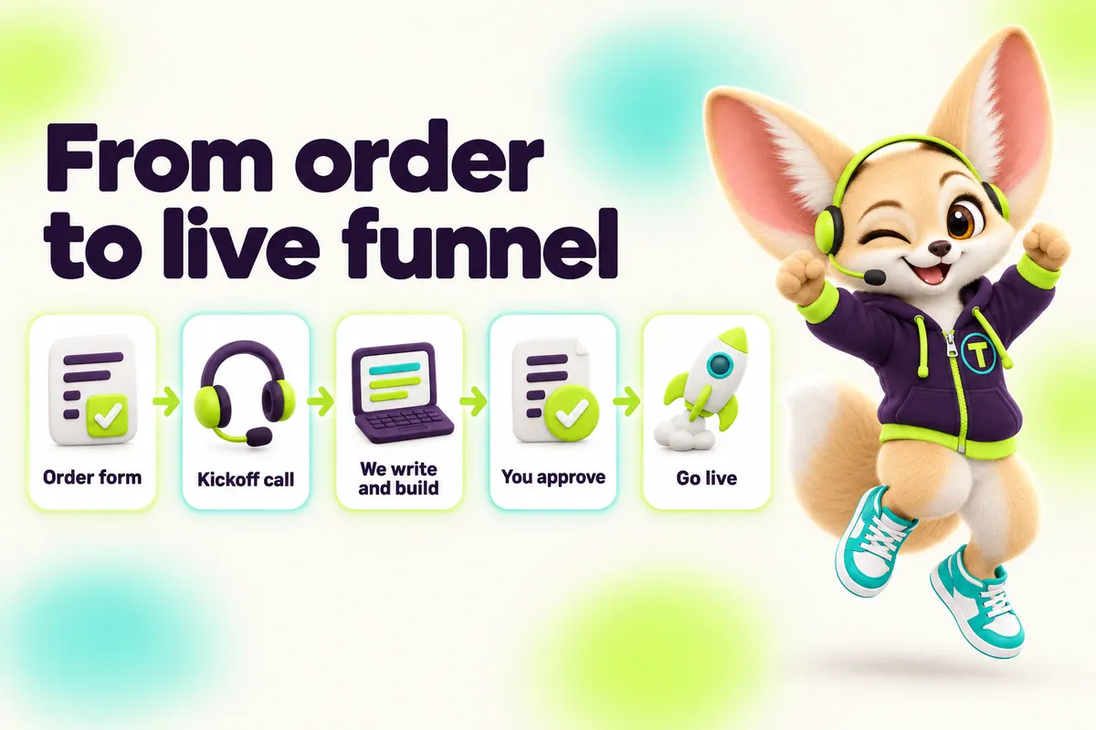 Infographic with Tenzo the fennec fox: From order to live funnel — Order form, Kickoff call, We write and build, You approve, Go live