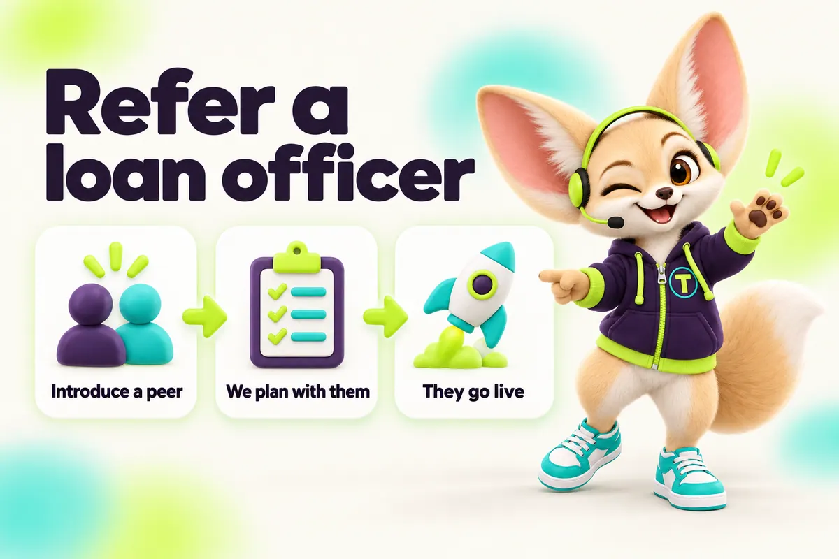Infographic with Tenzo the fennec fox: Refer a loan officer — Introduce a peer, We plan with them, They go live