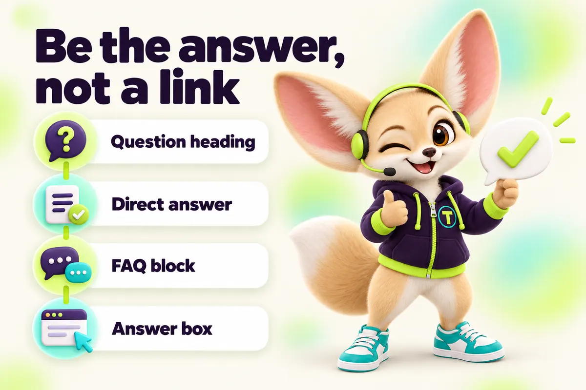 Infographic with Tenzo the fennec fox: Be the answer, not a link — Question heading, Direct answer, FAQ block, Answer box