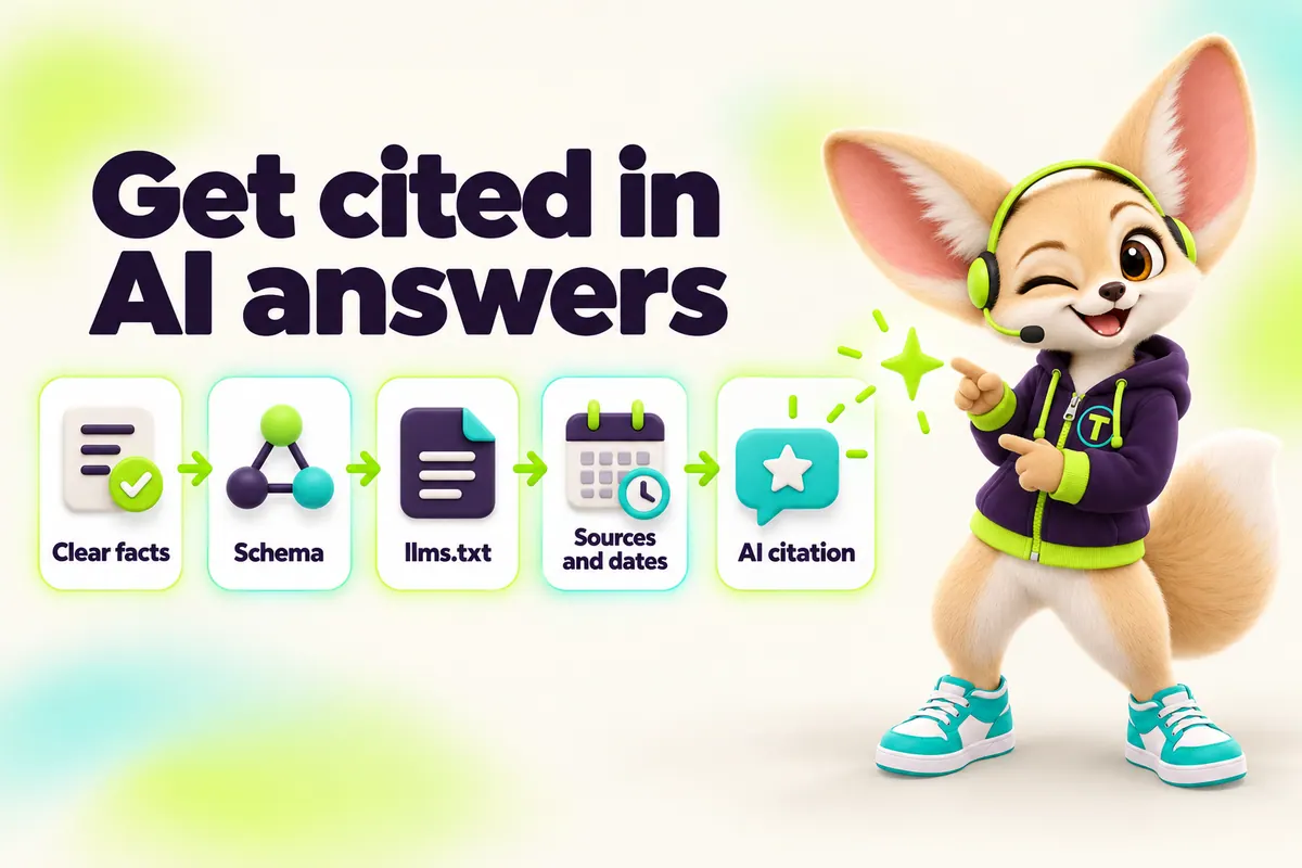 Infographic with Tenzo the fennec fox: Get cited in AI answers — Clear facts, Schema, llms.txt, Sources and dates, AI citation