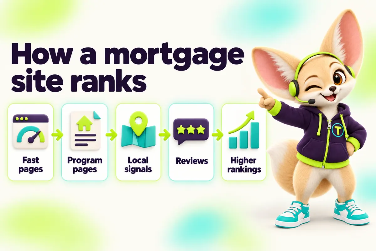 Infographic with Tenzo the fennec fox: How a mortgage site ranks — Fast pages, Program pages, Local signals, Reviews, Higher rankings