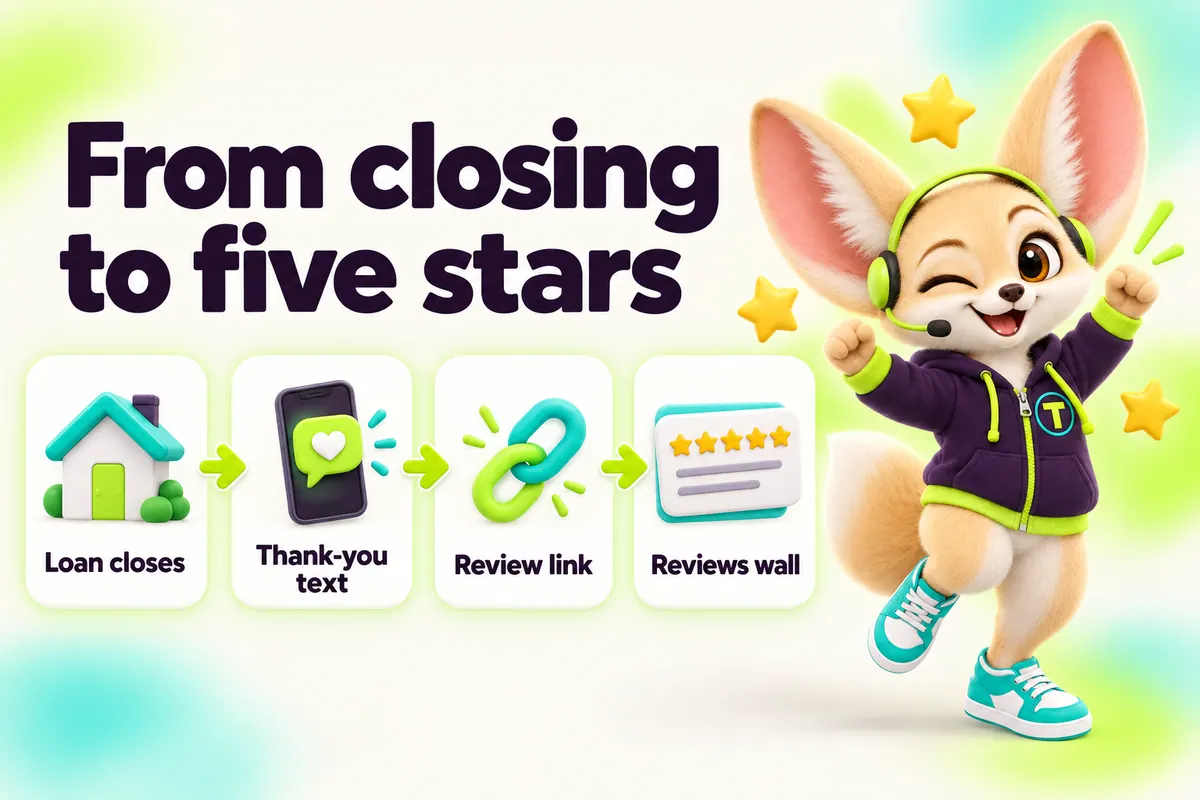 Infographic with Tenzo the fennec fox: From closing to five stars — Loan closes, Thank-you text, Review link, Reviews wall