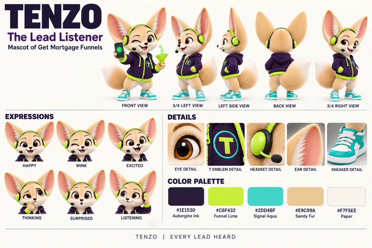 Tenzo character reference sheet: turnaround views, six expressions, details and colour palette
